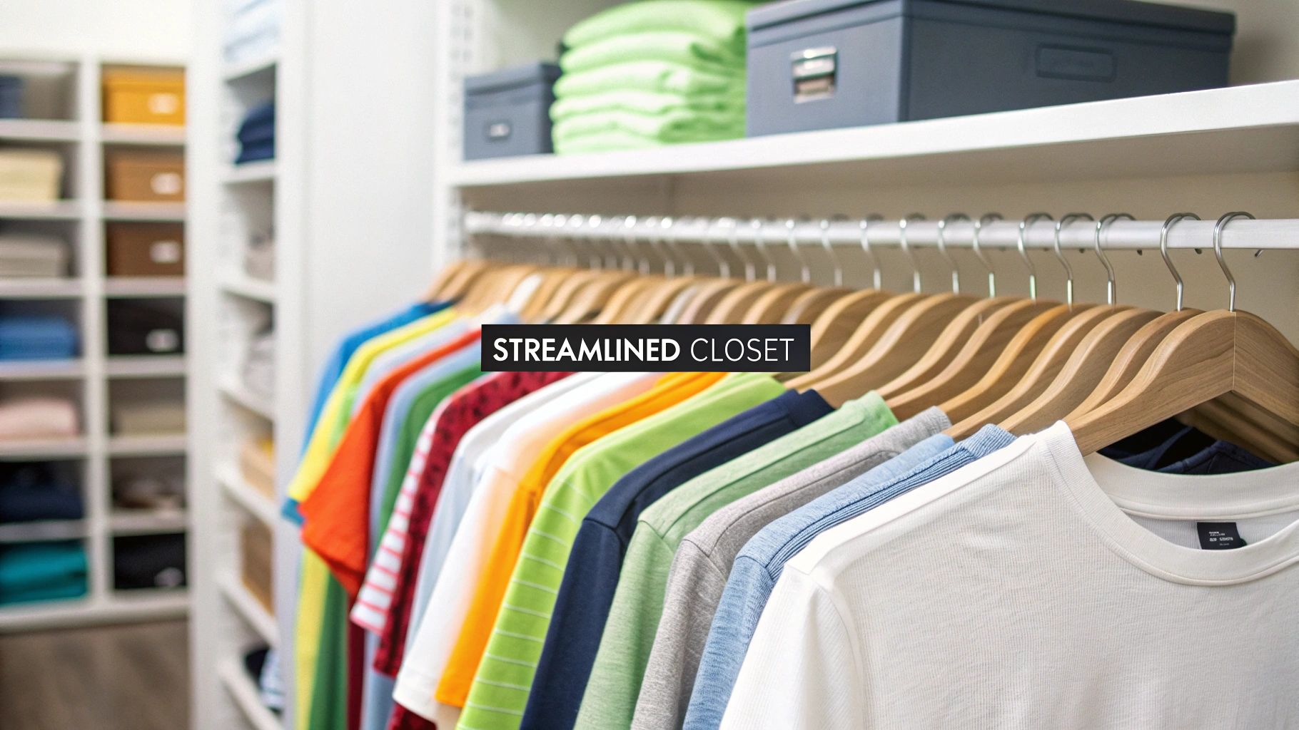 A row of colorful t-shirts hanging neatly on wooden hangers in an organized closet.