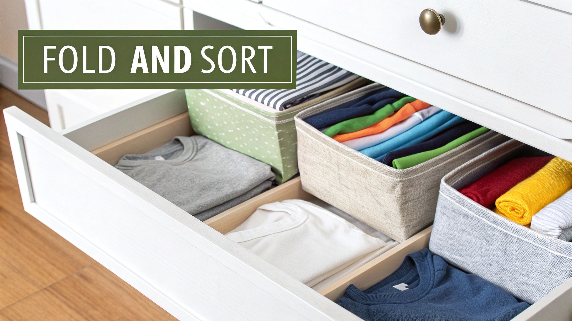 An open white drawer showcasing neatly folded clothes organized into various bins, with a 'Fold and Sort' text overlay.