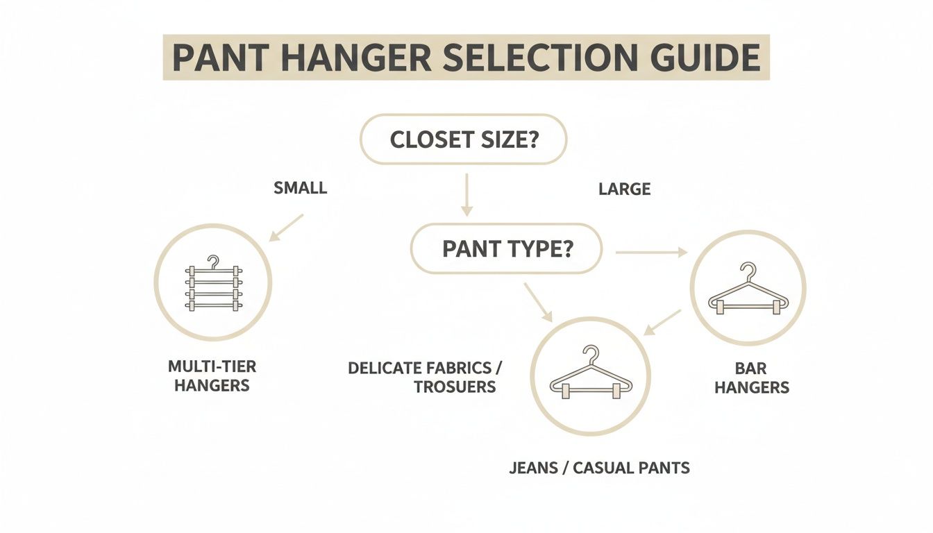 Flowchart guiding pant hanger selection based on closet size and pant type for optimal organization.