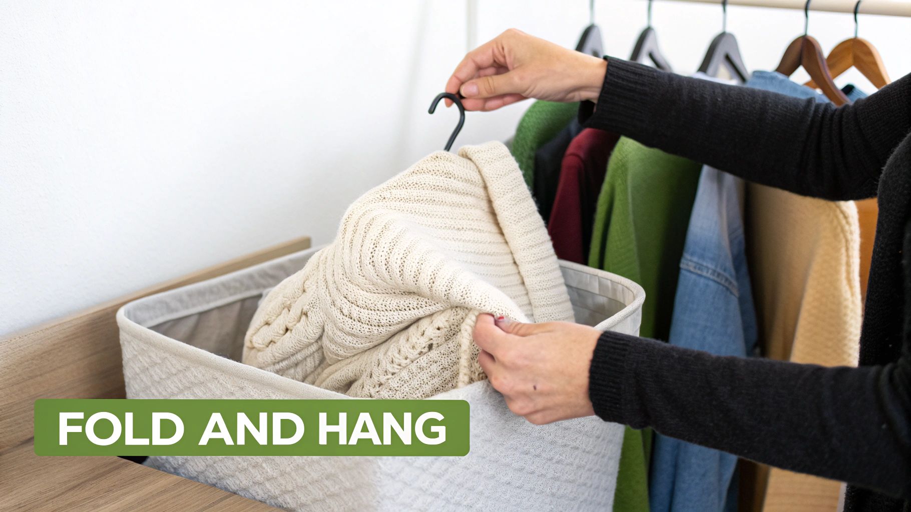 Hands organizing a knitted sweater from a laundry basket onto a clothes hanger next to other garments.