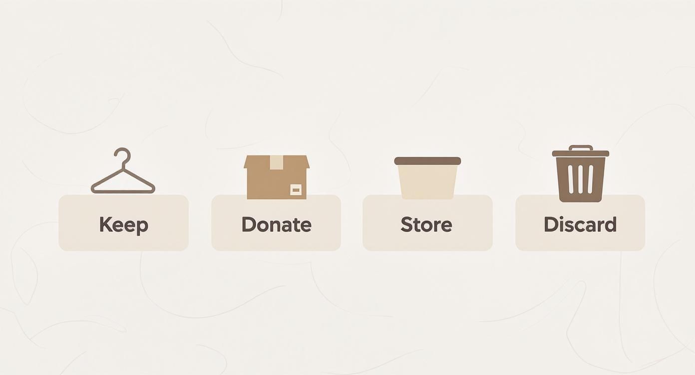 Four categories for decluttering: Keep (hanger), Donate (box), Store (container), Discard (trash bin).