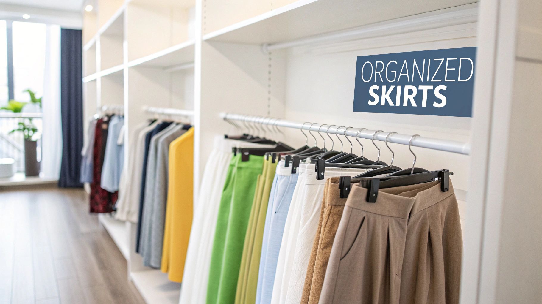 An organized closet with skirts hanging neatly on matching hangers.