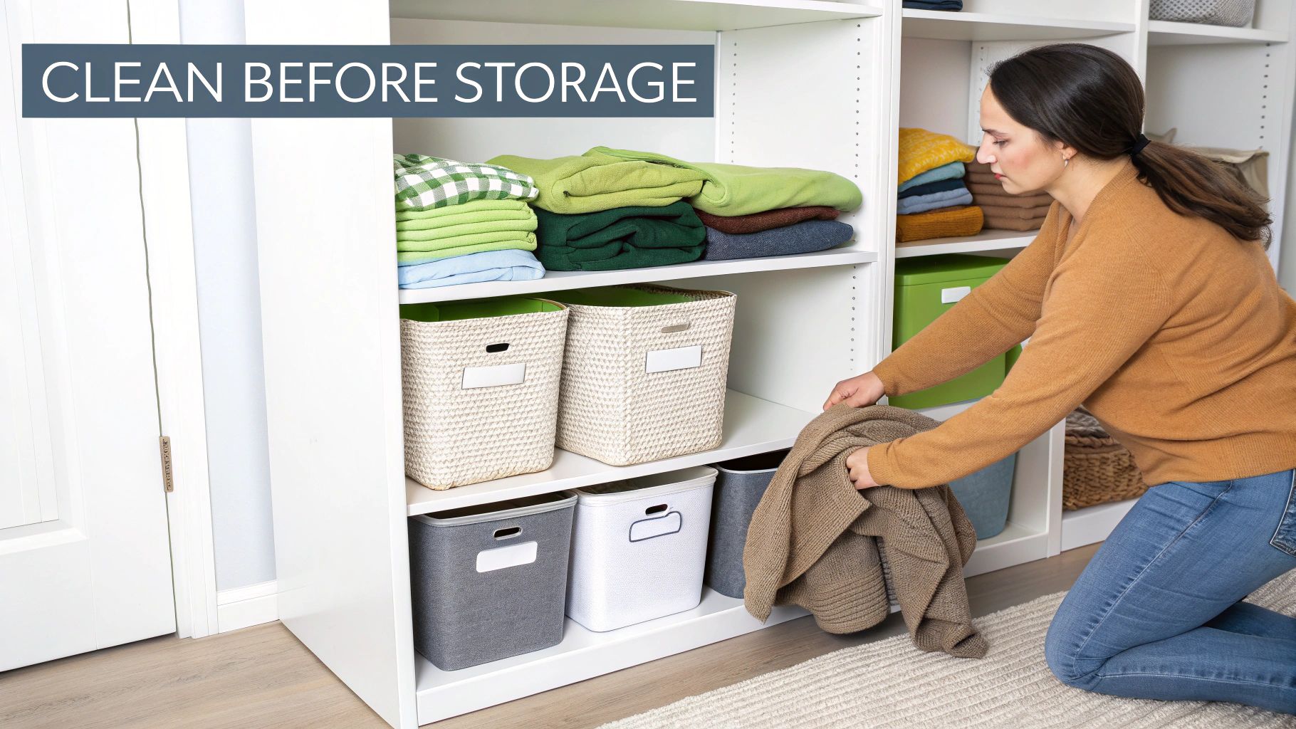 A woman organizes clean clothing into storage bins on white shelves, promoting proper storage.