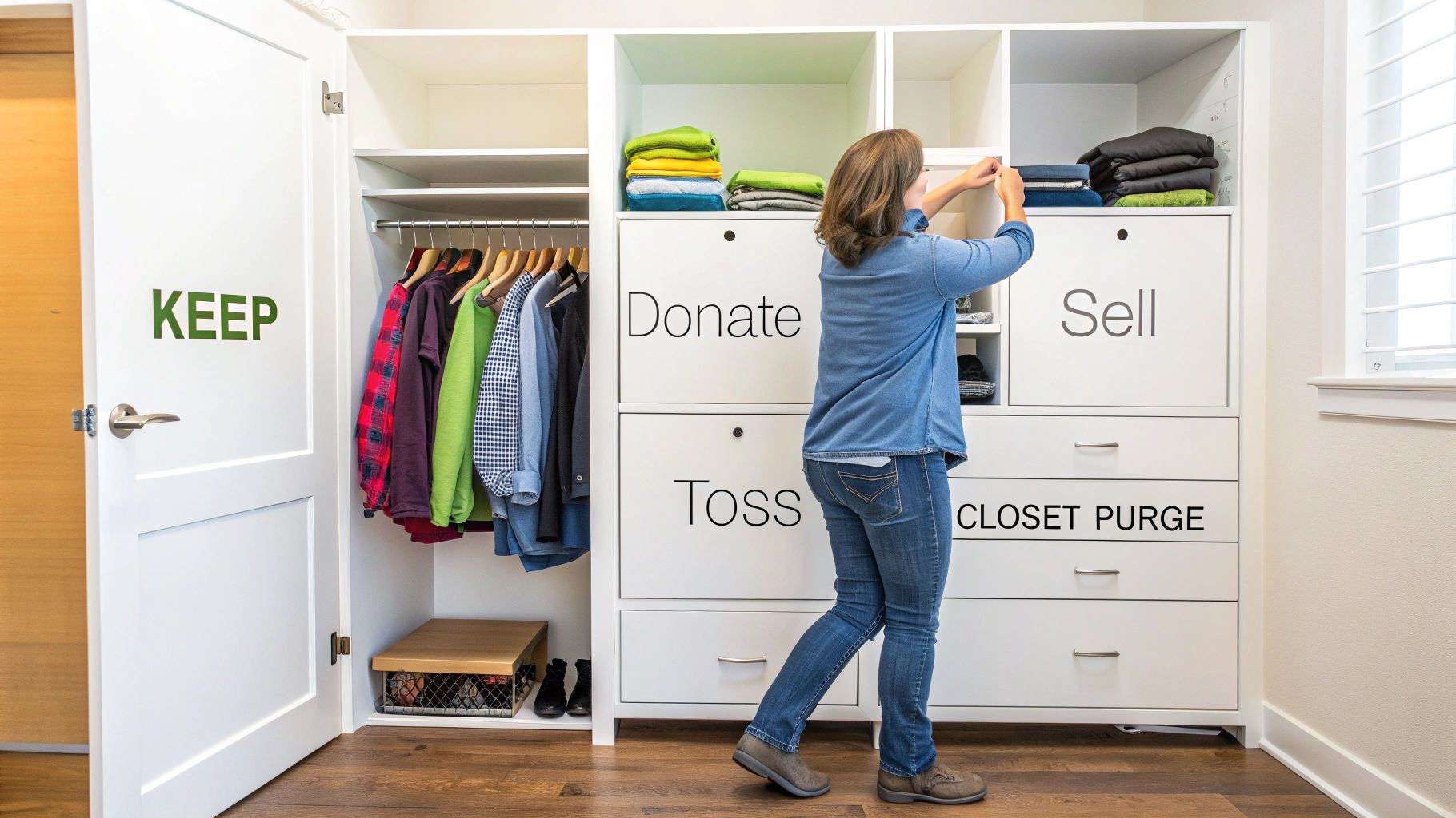 Woman sorting clothes in front of her closet, creating piles on her bed.