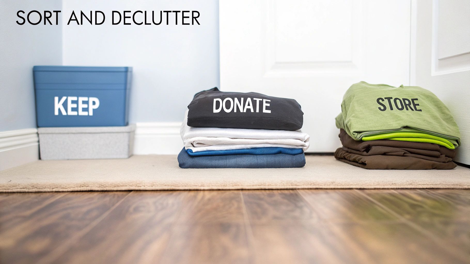 Sorted clothes and boxes on a mat, labeled 'KEEP', 'DONATE', and 'STORE' for decluttering.