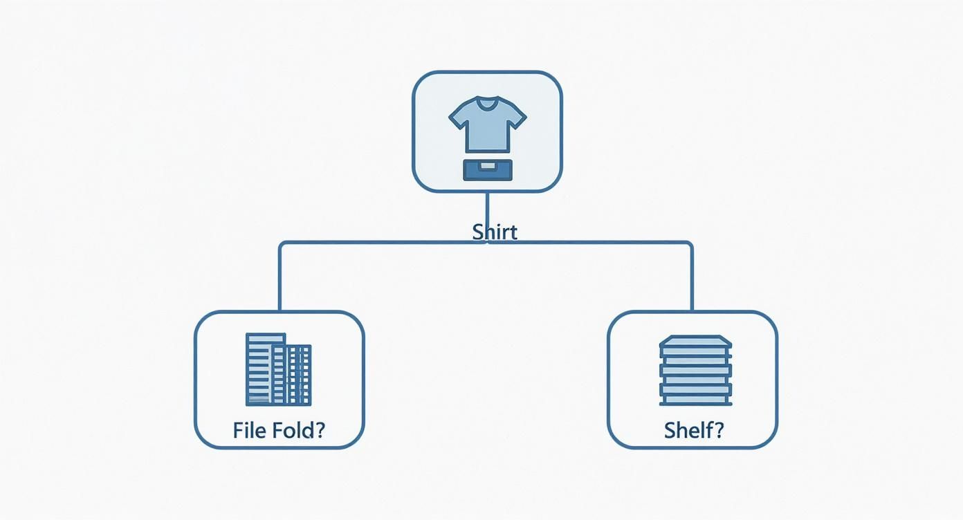 A diagram illustrating two methods for shirt storage: file folding or shelving.