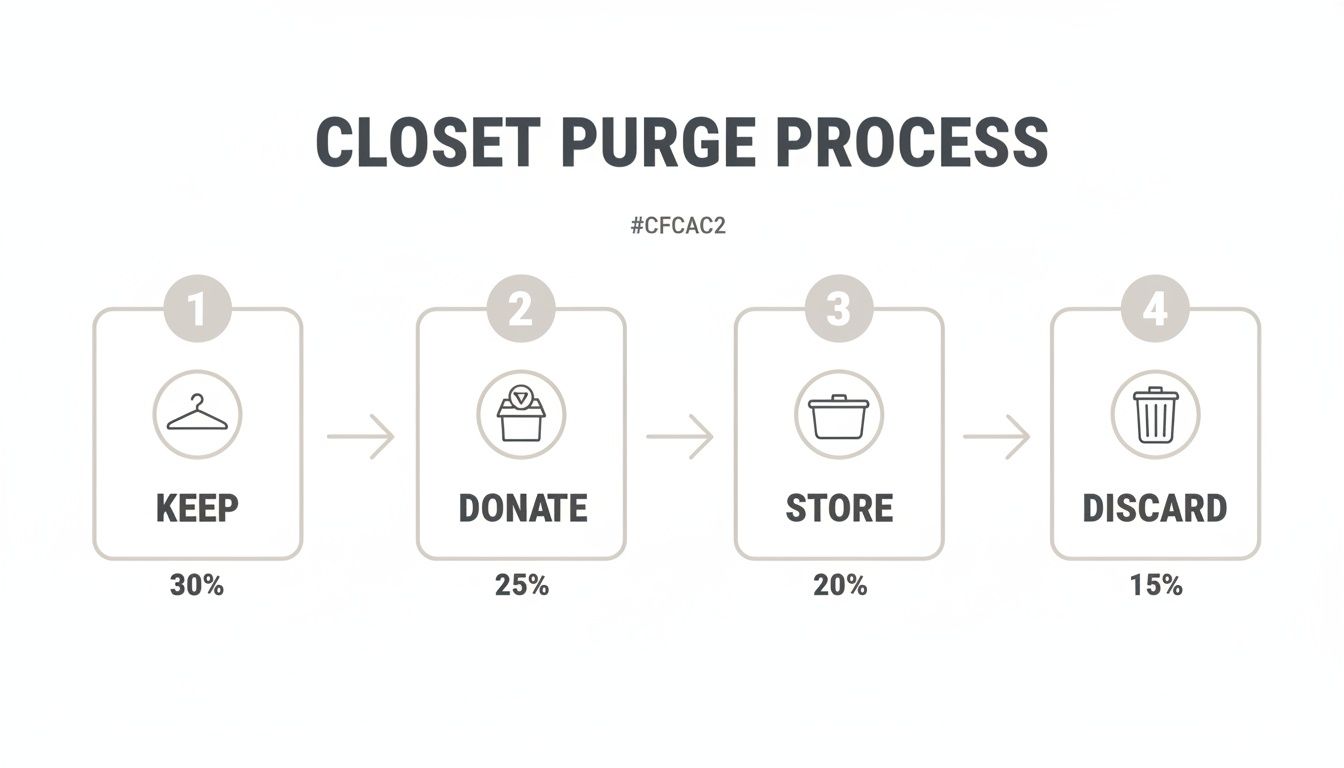 A flowchart detailing the closet purge process: keep (30%), donate (25%), store (20%), and discard (15%).