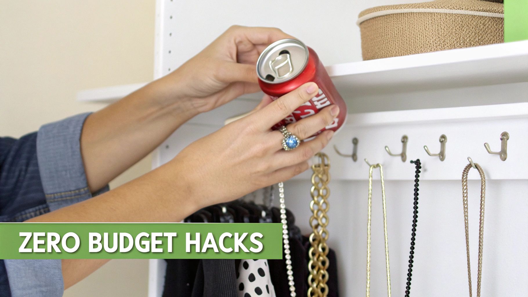 A person's hands hold a red soda can, demonstrating a zero-budget closet organization hack.