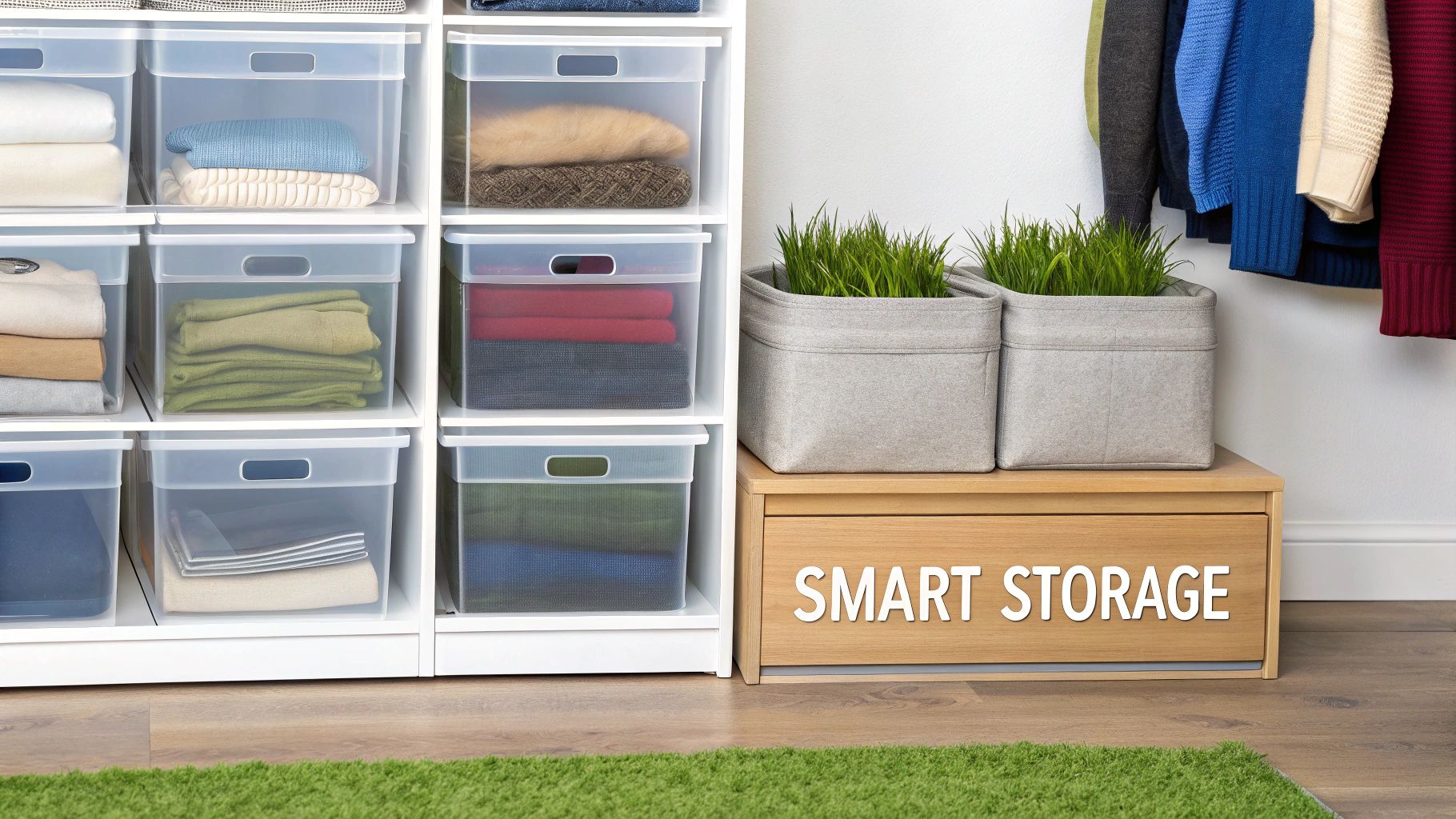 Folded sweaters neatly arranged on a closet shelf with dividers.