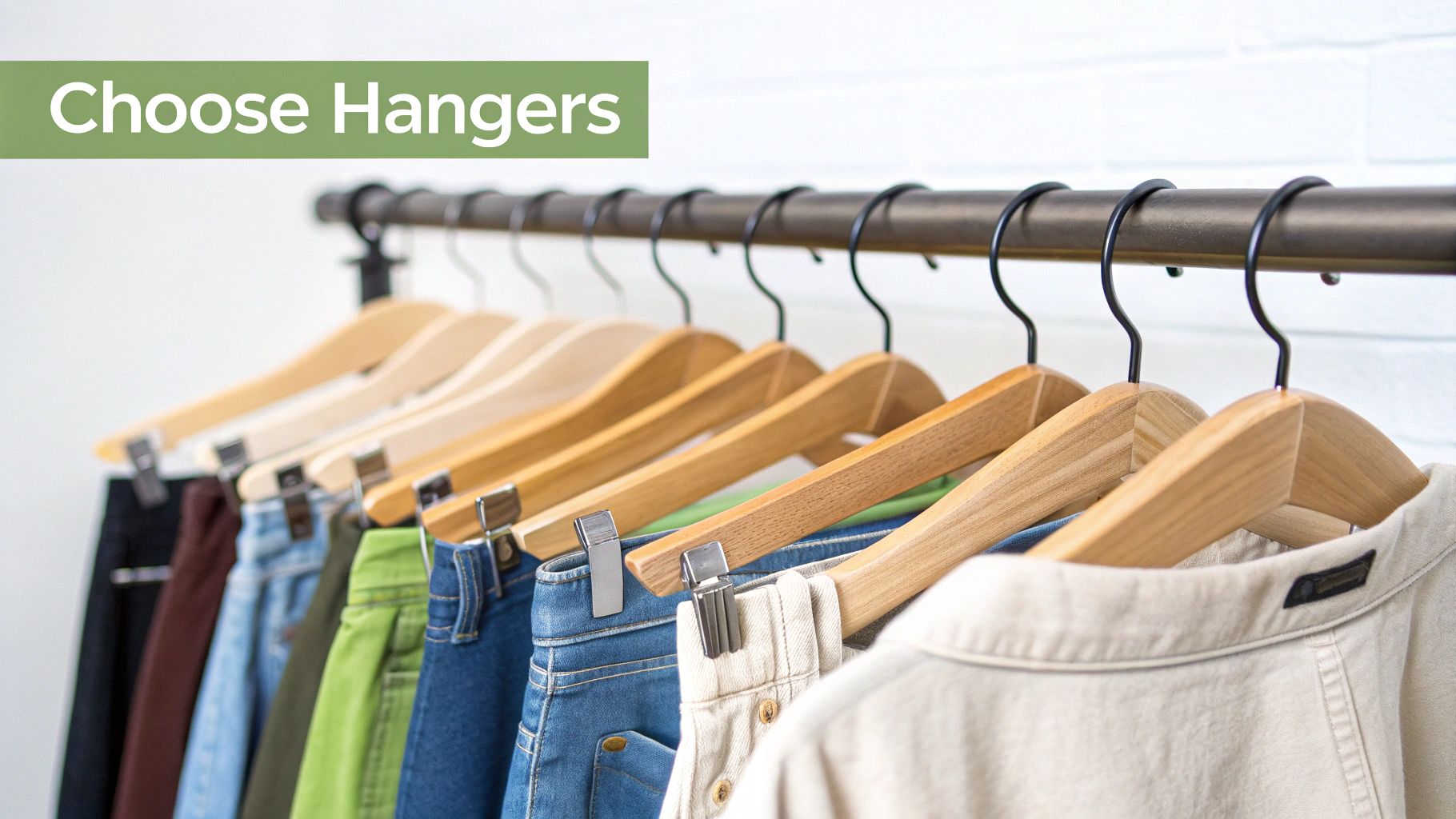 A well-organized closet with trousers neatly hung on wooden hangers.