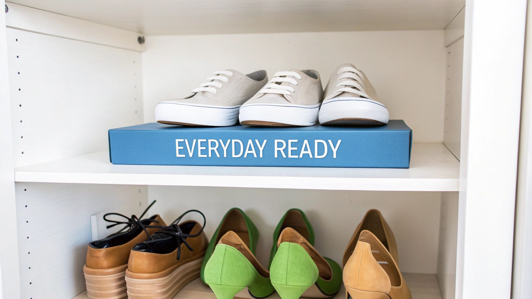 White shoe cabinet shelves organized with everyday sneakers on a blue box and several pairs of stylish heels.