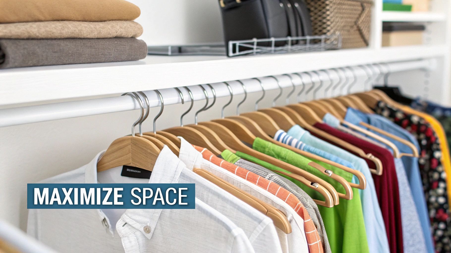 A well-organized closet featuring colorful clothes on wooden hangers and neatly folded sweaters on a white shelf.