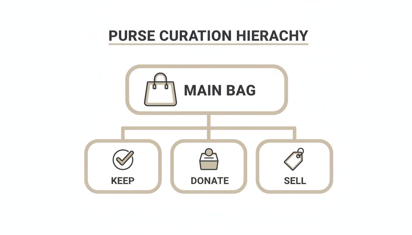 A hierarchy diagram illustrating purse curation, showing options to keep, donate, or sell main bags.