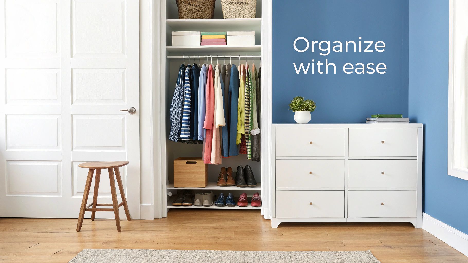 A well-organized closet with clothes, shoes, and baskets, next to a white dresser and blue wall.