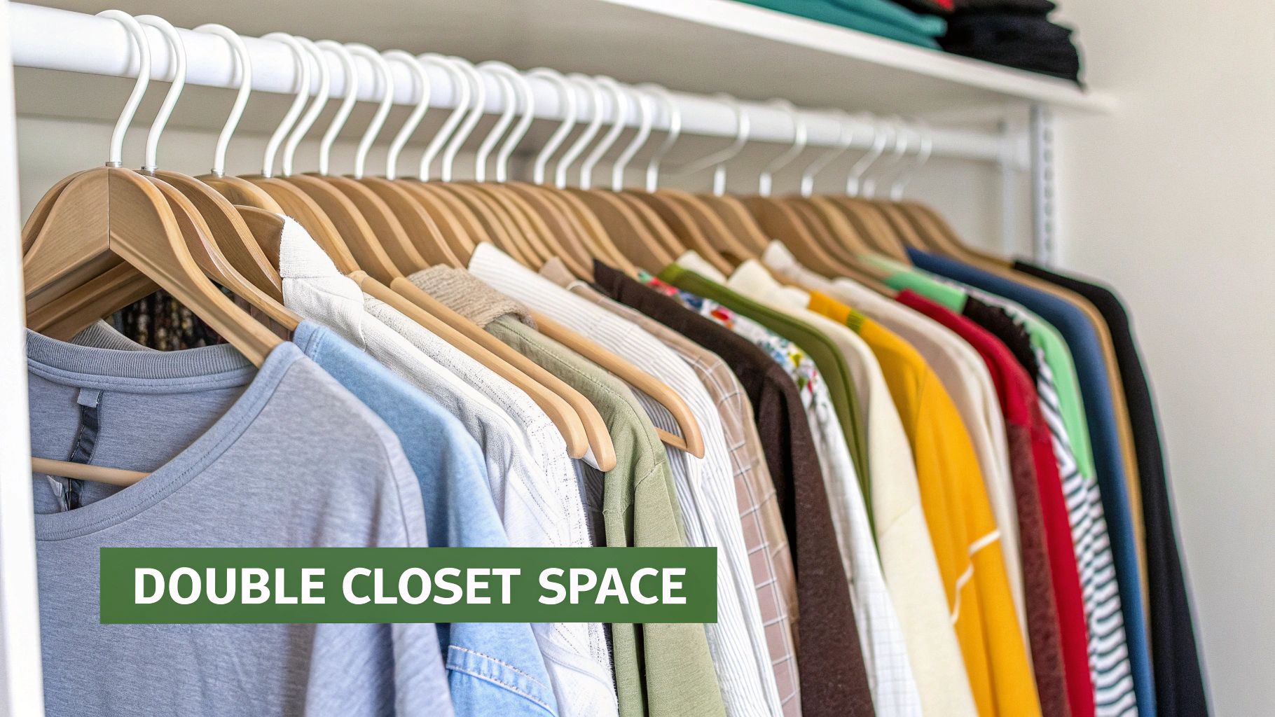 A row of colorful shirts and sweaters hanging neatly on wooden hangers in a closet.