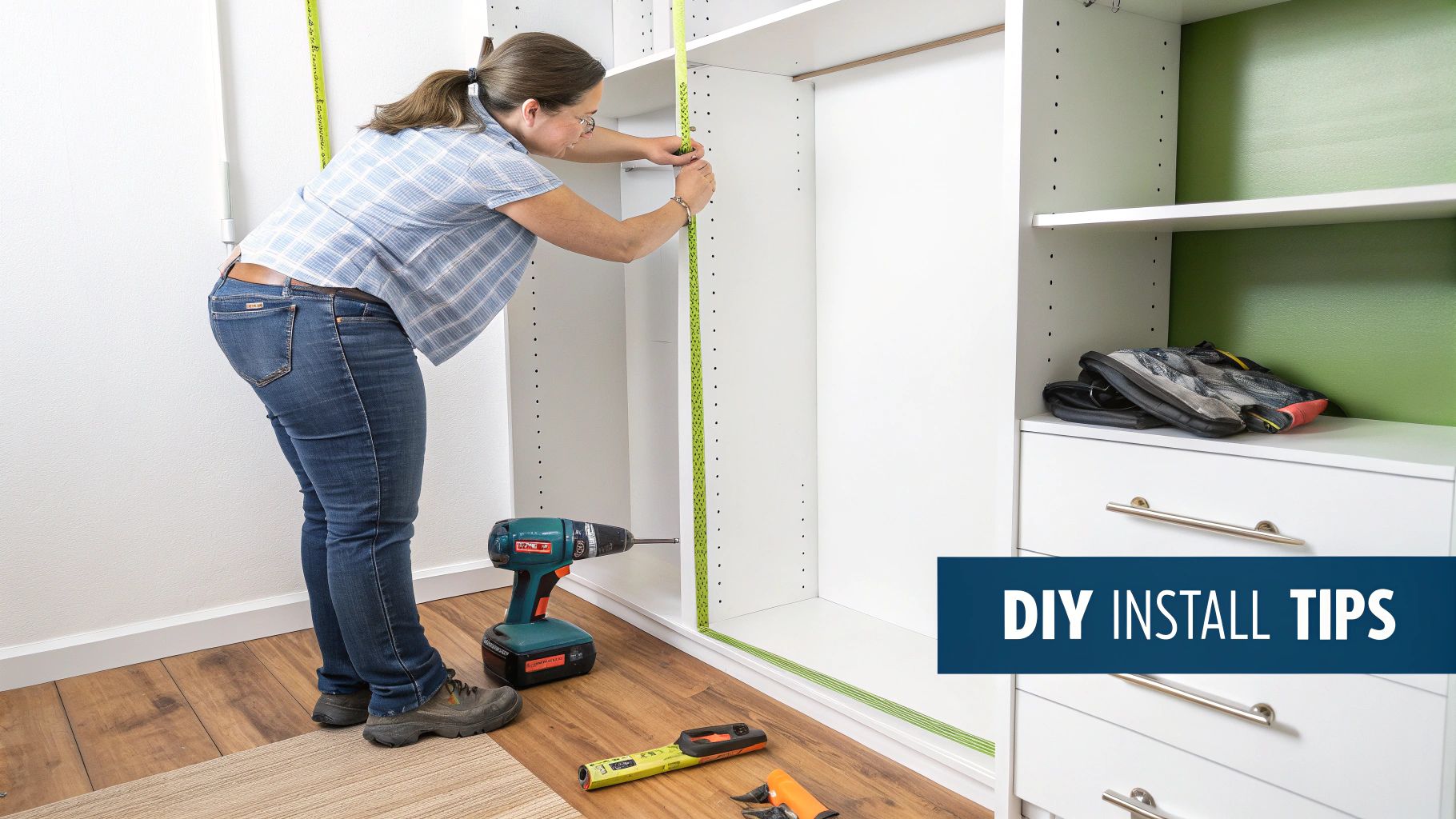 A person installing a closet organizer system with a level tool.