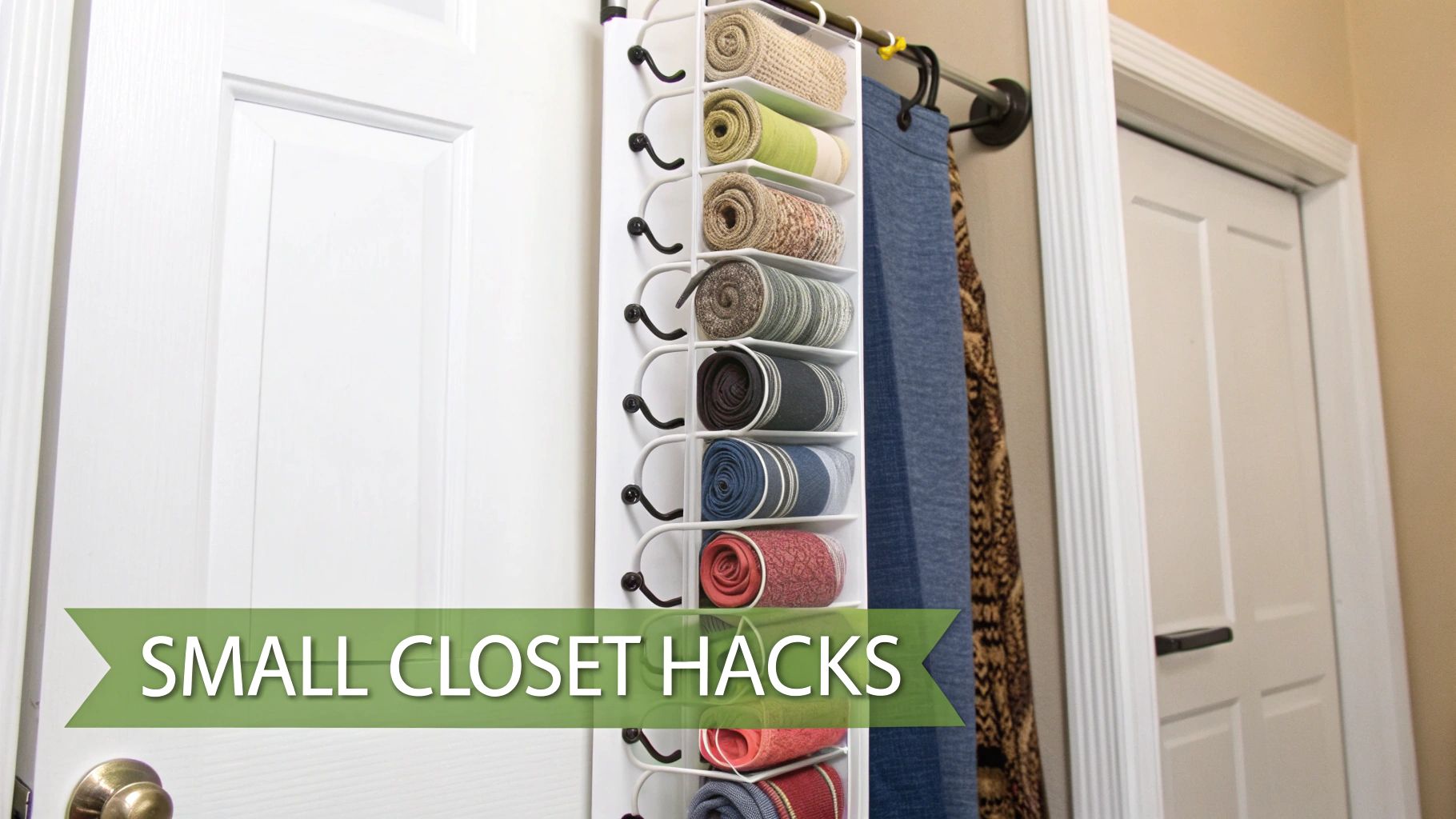 Over-the-door organizer with rolled scarves and hooks displaying small closet storage solutions