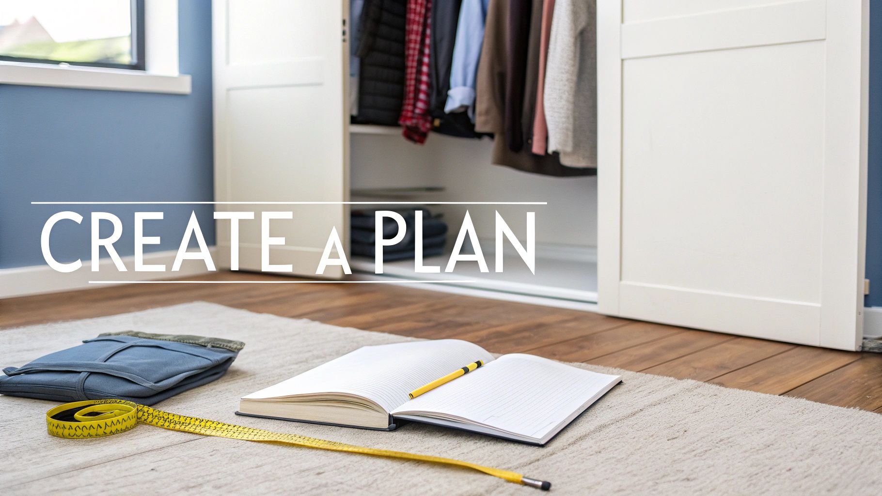A yellow measuring tape, open notebook, and folded clothes on a rug in front of an open closet, with 'CREATE A PLAN' overlay.