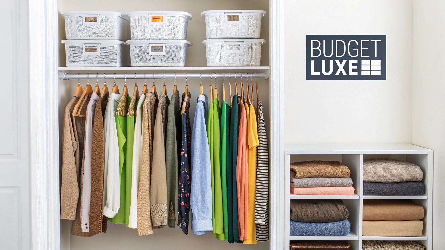 A well-organized closet with clothes hanging, folded garments on shelves, and storage bins.