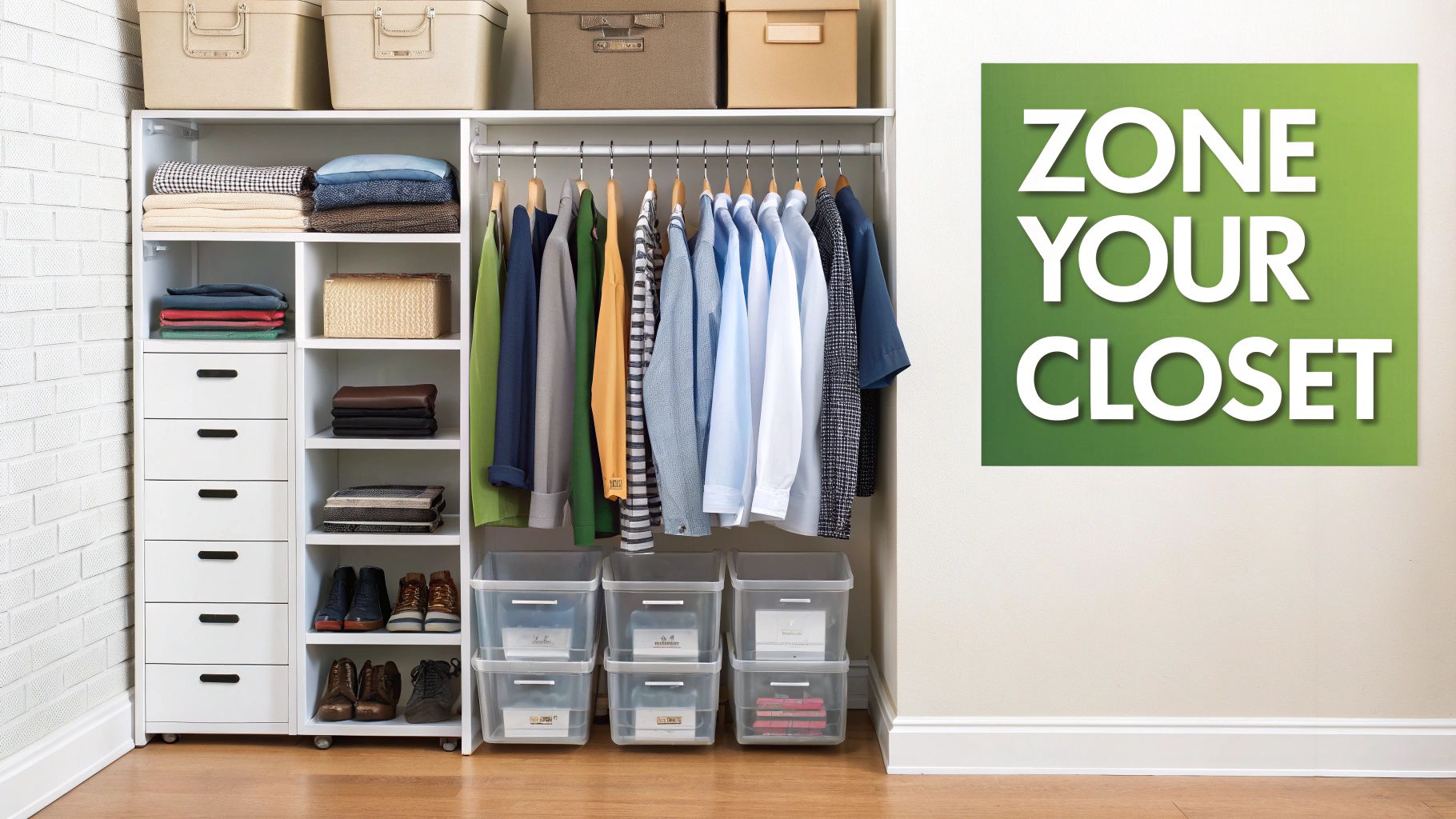 A neatly organized closet with clothes hanging, folded sweaters on shelves, and accessories in clear bins.