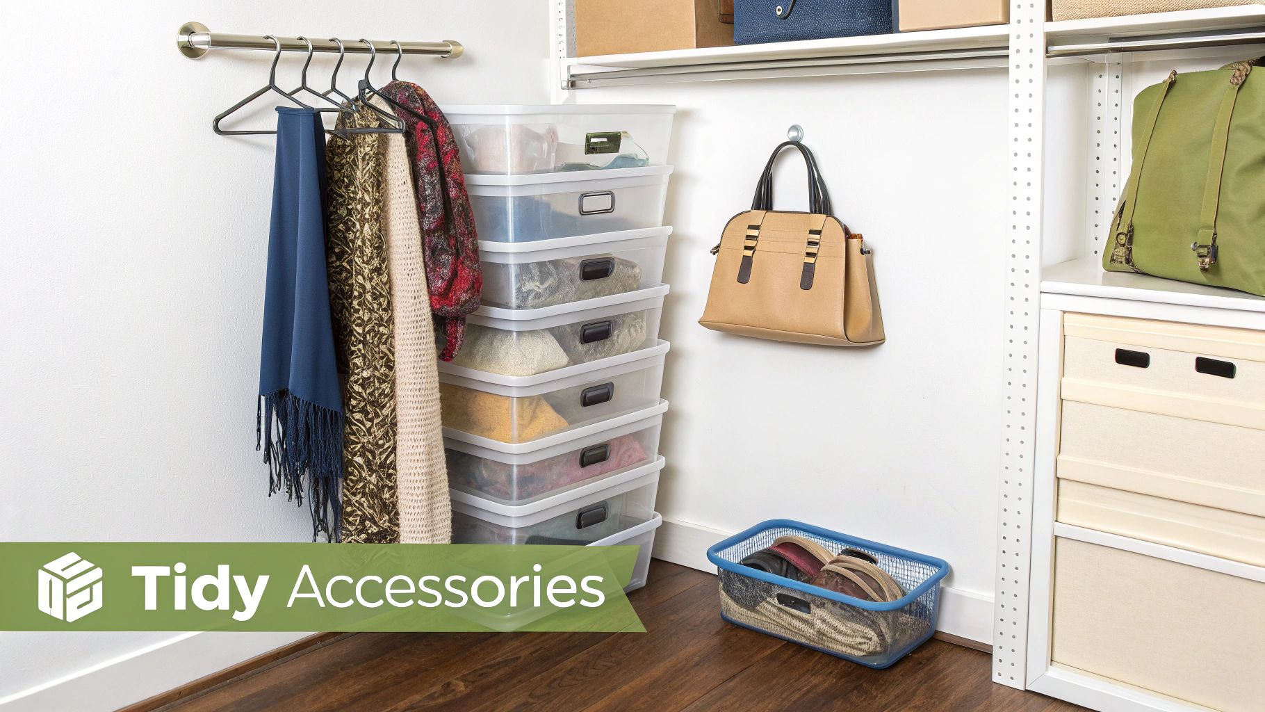 A well-organized closet with clear bins, a handbag, and a shoe basket on the floor.