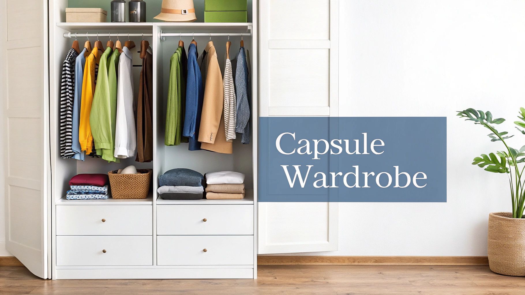 A neatly organized white open wardrobe filled with various clothes on hangers and folded, promoting a capsule wardrobe concept.