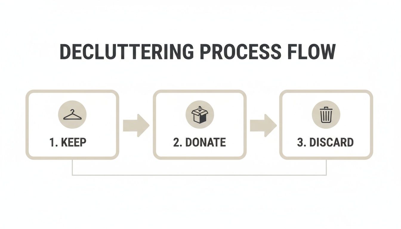 Decluttering process flow illustration with steps: 1. Keep, 2. Donate, 3. Discard, using icons.