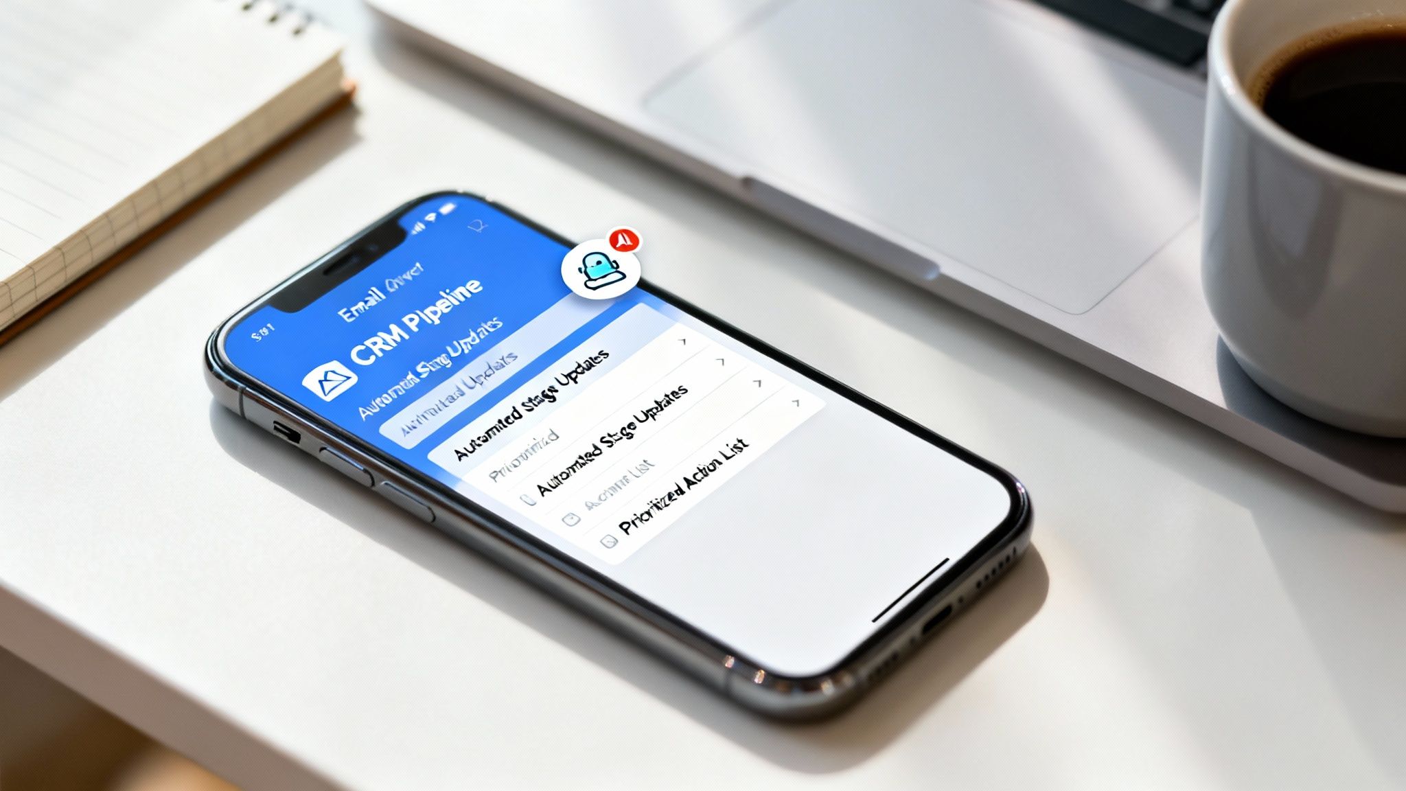 Smartphone displaying a CRM pipeline app with notifications, next to a laptop and coffee.
