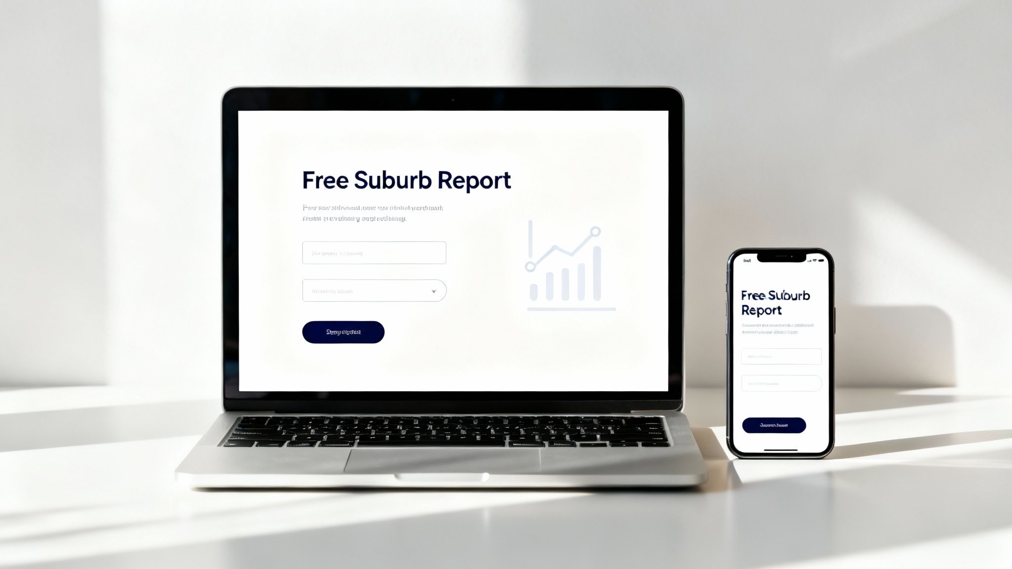 A laptop and a smartphone displaying a 'Free Suburb Report' lead generation webpage.