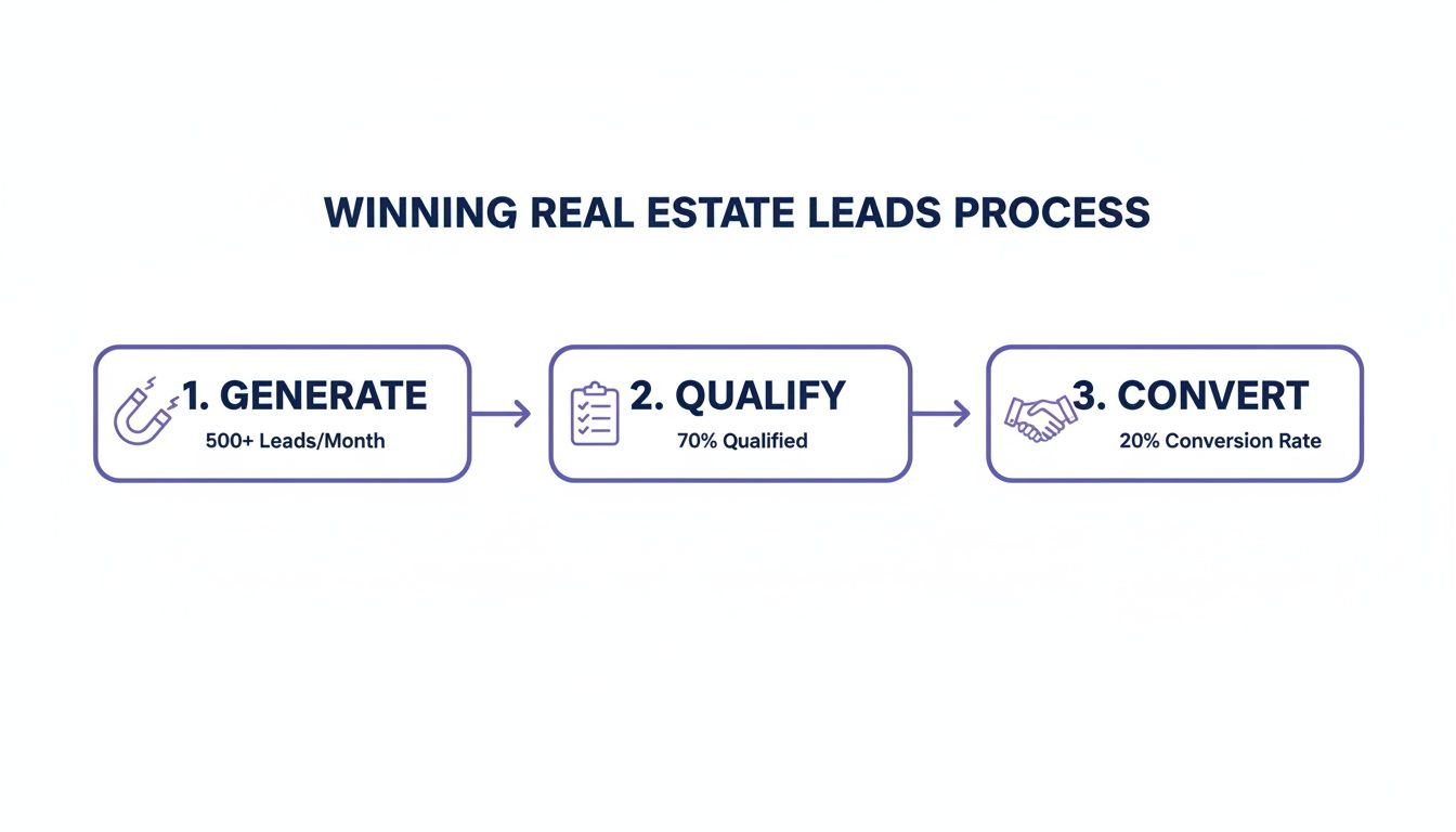 A three-step real estate lead generation process: generate, qualify, and convert leads.