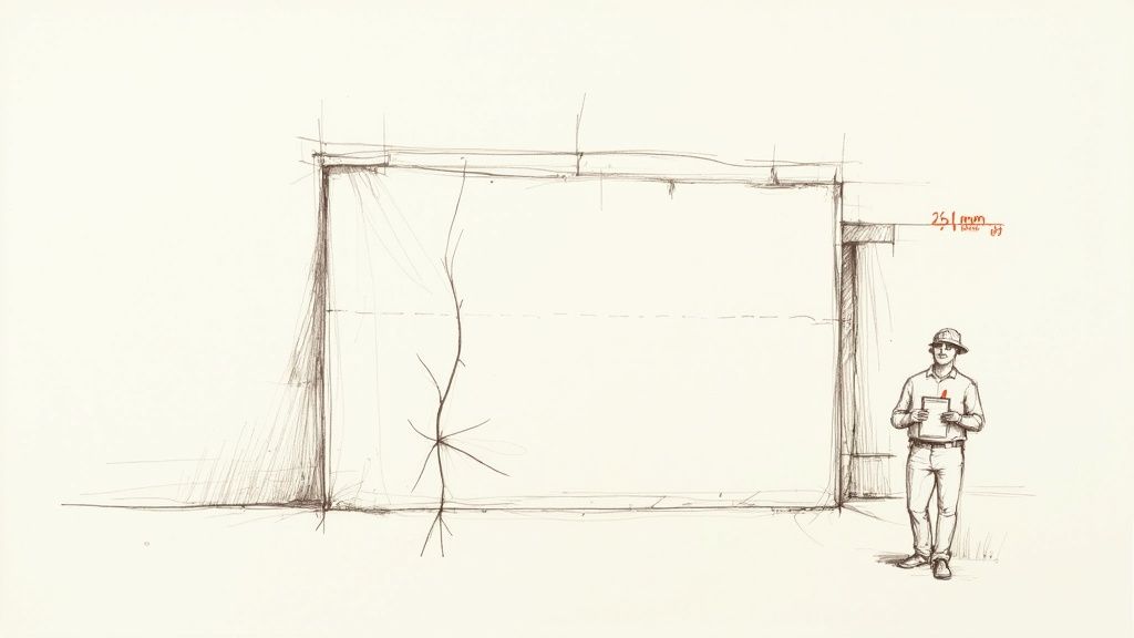 Skizze einer Hauswand mit Riss und Maßangabe, daneben ein Bauarbeiter mit Helm und Klemmbrett.