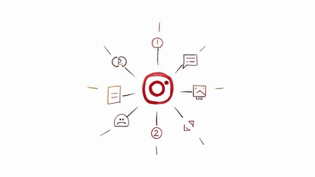 Eine Hand hält ein Smartphone, das verschiedene Social-Media-Kanäle anzeigt, die durch Linien verbunden sind