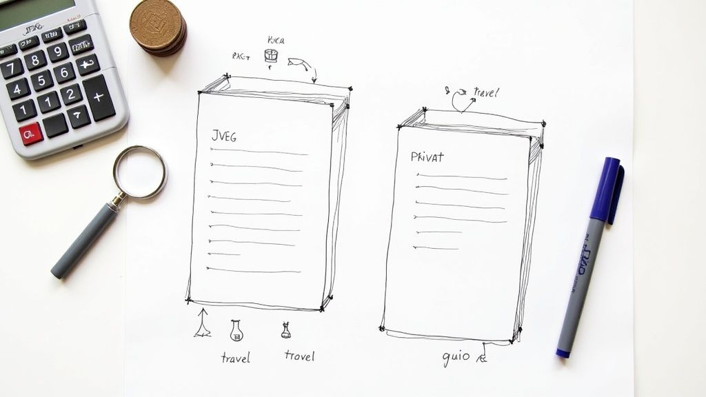 Eine Person überprüft Dokumente auf einem Schreibtisch, auf dem auch ein Taschenrechner und ein Laptop liegen.