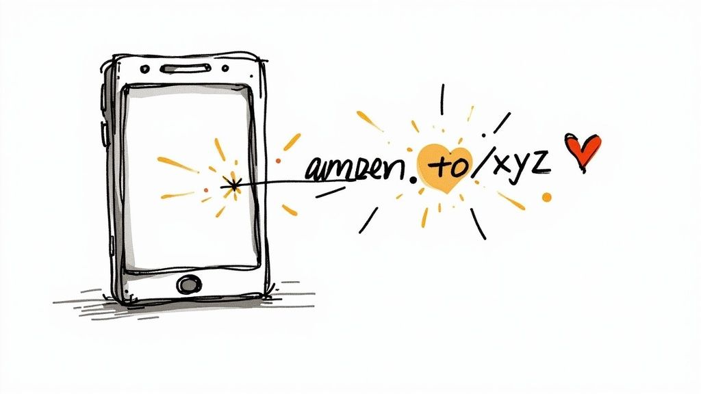 Eine Frau hält ein Smartphone in der Hand und schaut lächelnd auf den Bildschirm, während sie online auf Amazon einkauft.