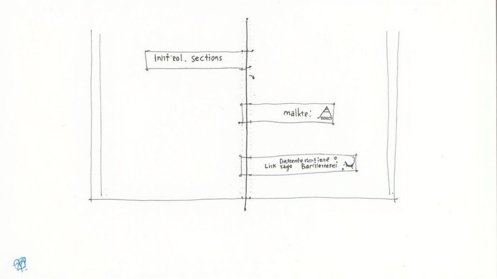 Skizze einer vertikalen Linie mit drei beschrifteten Kästen, die einen Prozess oder Abschnitte darstellen.
