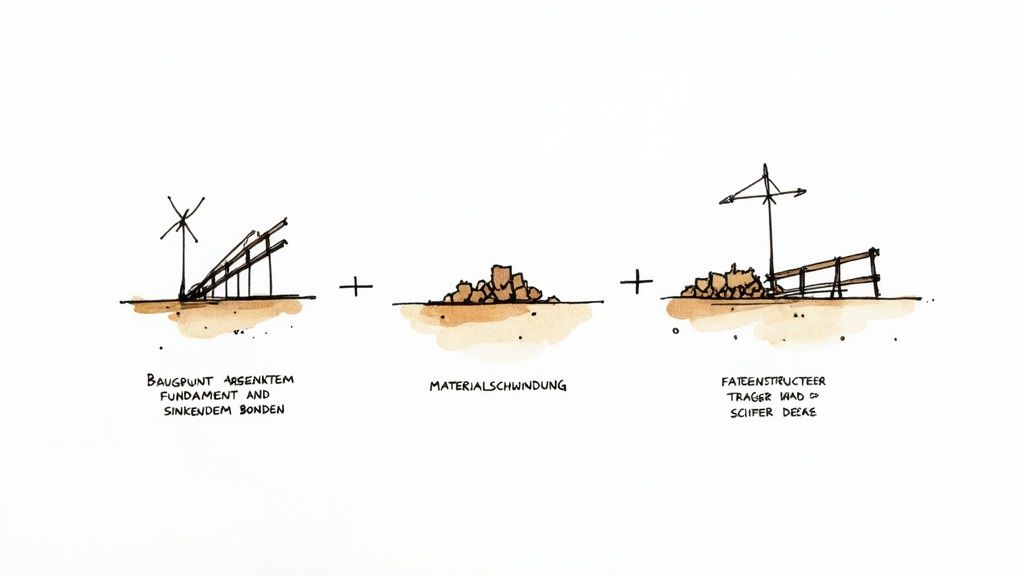 Eine Hauswand mit einem Riss, der vom Fundament nach oben verläuft, umgeben von trockenem, rissigem Boden