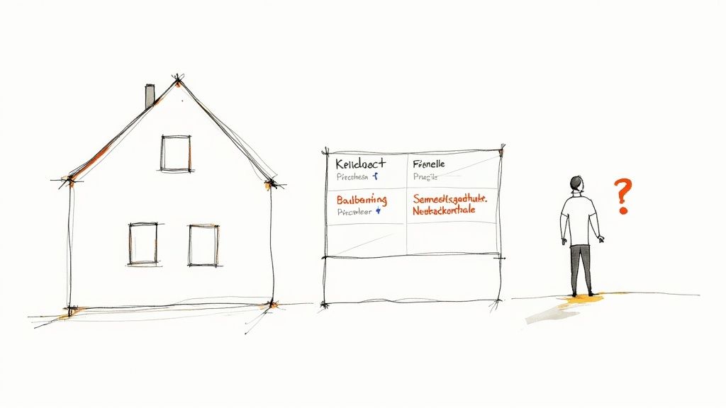 Skizze eines Hauses mit Tafel, die Bau-Optionen und eine fragende Person zeigt, symbolisiert Entscheidungsfindung.