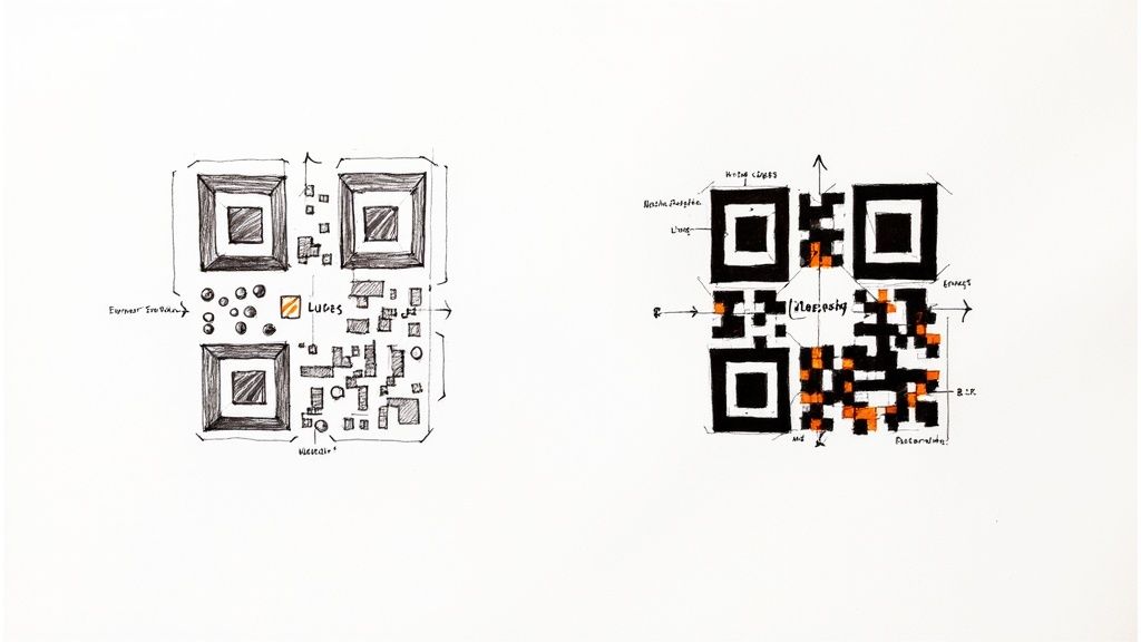 Eine Collage, die den Unterschied zwischen einem einfachen schwarz-weißen QR-Code und einem individuell gestalteten Code mit Farben und Logo zeigt.