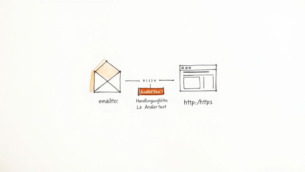 Illustration eines E-Mail-Umschlags, Ankertext und eines Browserfensters, die Link-Typen darstellen.