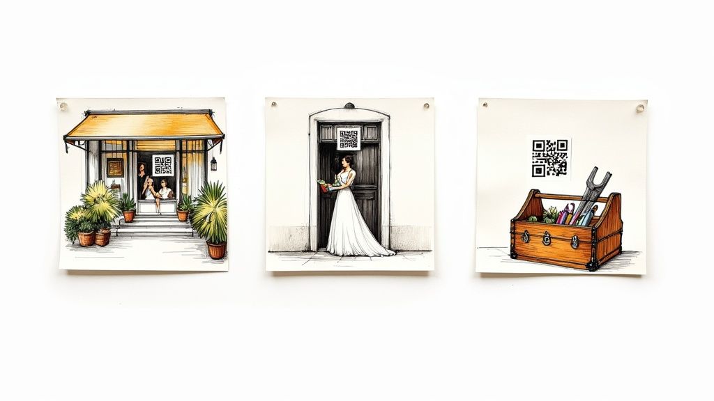 Drei Aquarell-Illustrationen zeigen QR-Codes in verschiedenen Anwendungsszenarien: Eingang, Tür und Holzorganizer