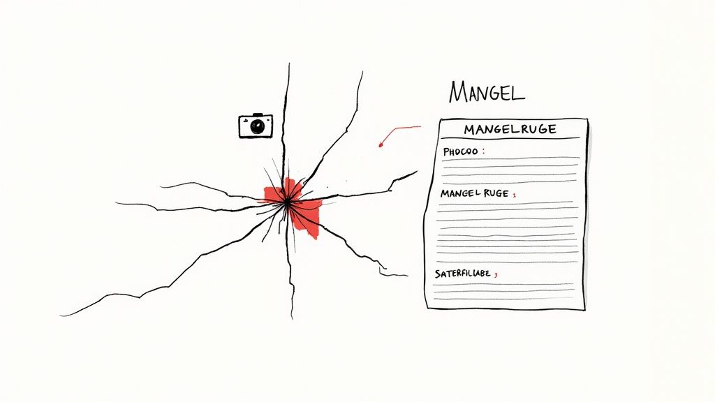 Schematische Darstellung eines Mangels mit rotem Zentrum, Linien, Kamera und Mangelrüge-Dokument.