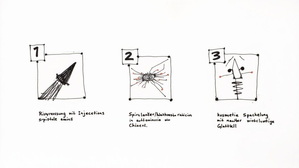 Drei handgezeichnete Skizzen zeigen Schritte der Rissverpressung und kosmetischen Spachtelung für Wände.
