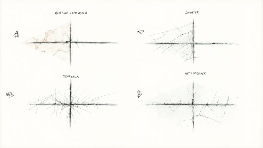 Vier detaillierte Skizzen verschiedener Rissmuster: Haarriss, Dimaster, Sternriss und Netzriss.