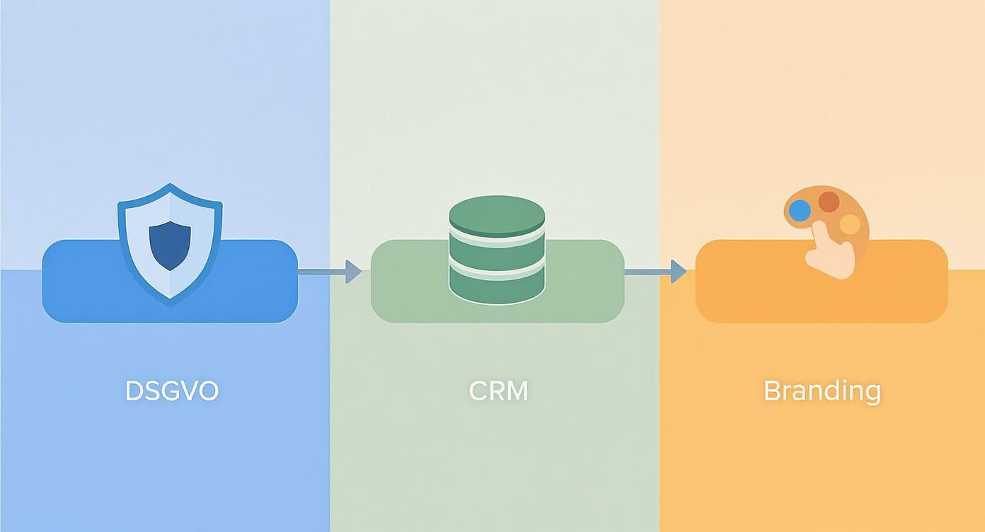 Infografik, die den Prozess der QR-Anbieterwahl darstellt, mit Schritten für DSGVO, CRM und Branding.