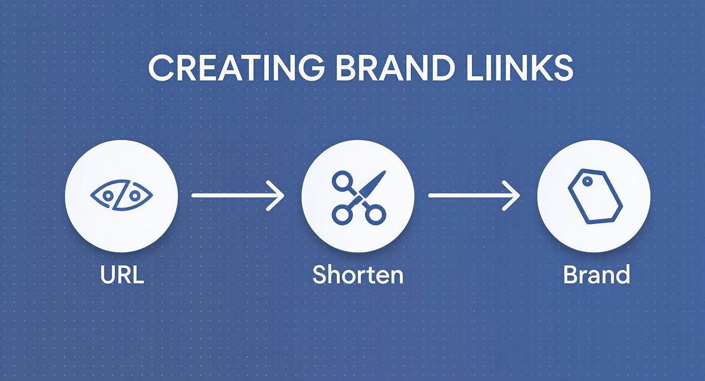 Infografik, die den Prozess der Markenerstellung von Links in drei Schritten zeigt: URL, Kürzen und Branding.