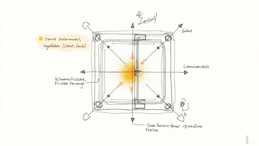 Eine technische Skizze eines Solarmoduls oder Energiesystems mit Beschriftungen und Pfeilen.