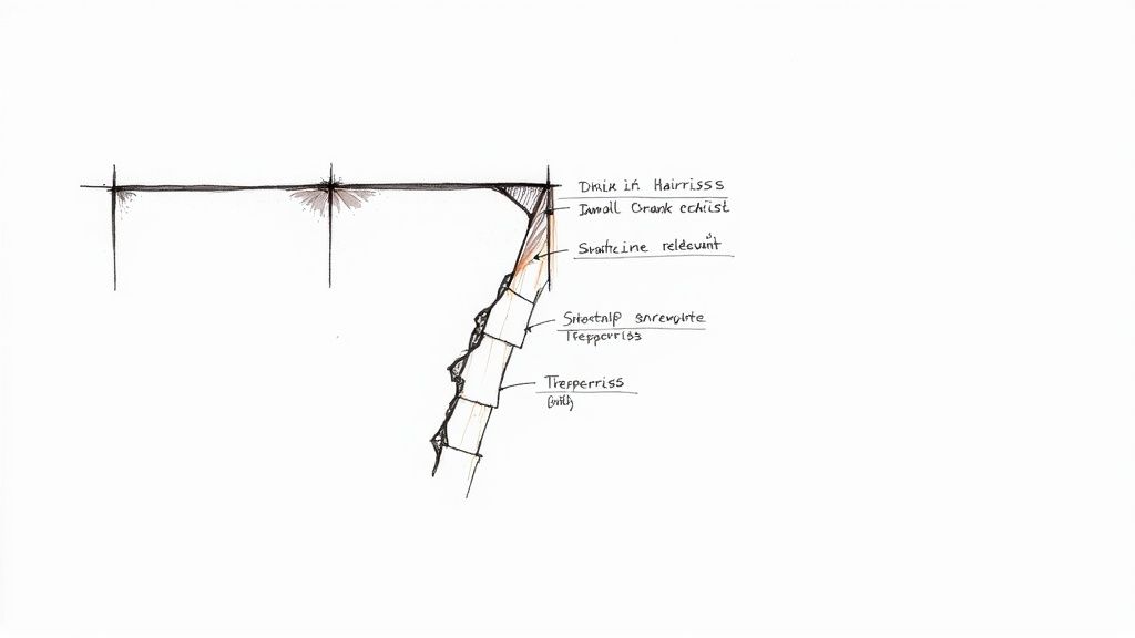 Skizze eines Wandrisses mit verschiedenen Rissarten und Reparaturdetails, inklusive deutscher Beschriftungen zur Rissanalyse.