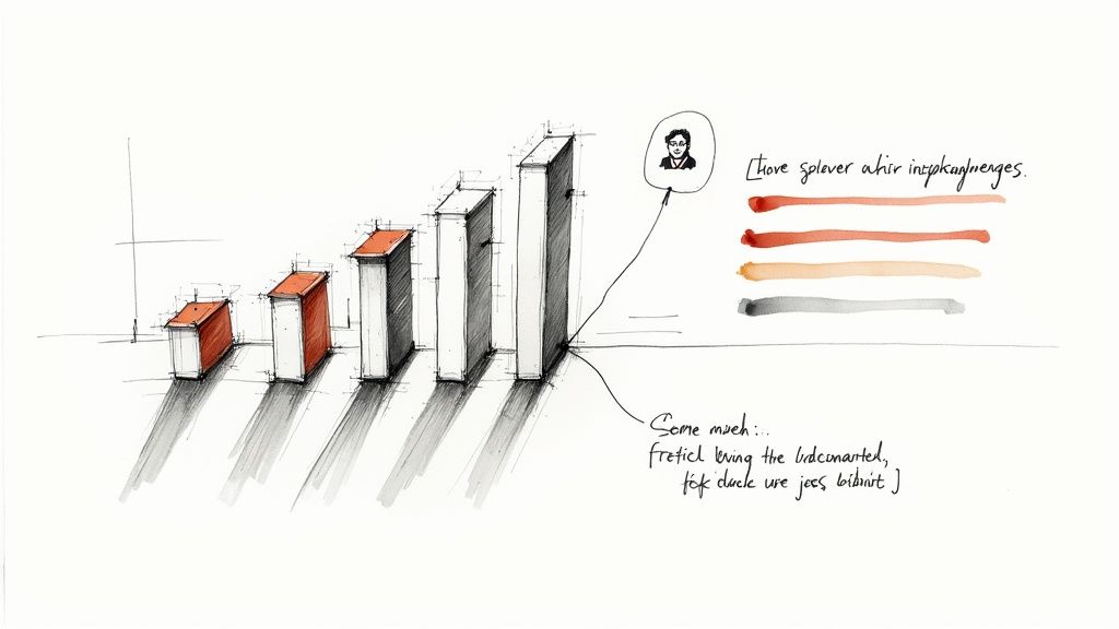 Handgezeichnete Balkendiagramm-Illustration zeigt wachsende Säulen mit Farbmustern für Architektur und Design