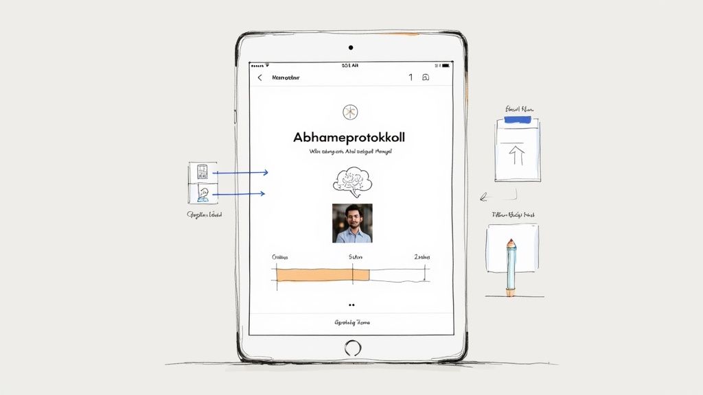 Skizze eines Tablets mit Abnahmeprotokoll-App-Oberfläche, inklusive Fortschrittsbalken und Nutzerprofilbild, umgeben von Notiz-Symbolen.