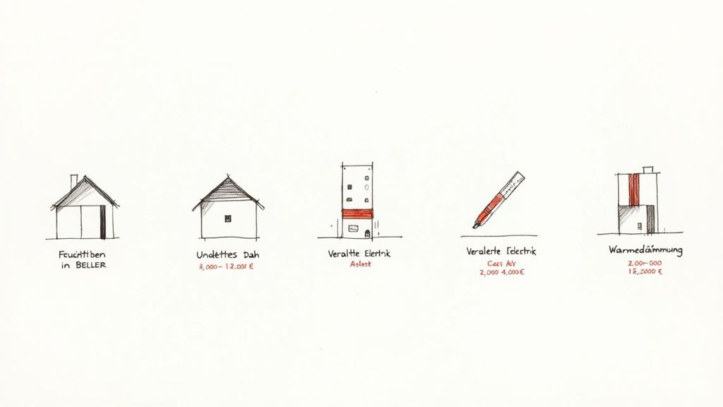 Fünf Skizzen von Hausmängeln und Verbesserungen mit geschätzten Kosten für Feuchtigkeit, Dach, Elektrik und Wärmedämmung.